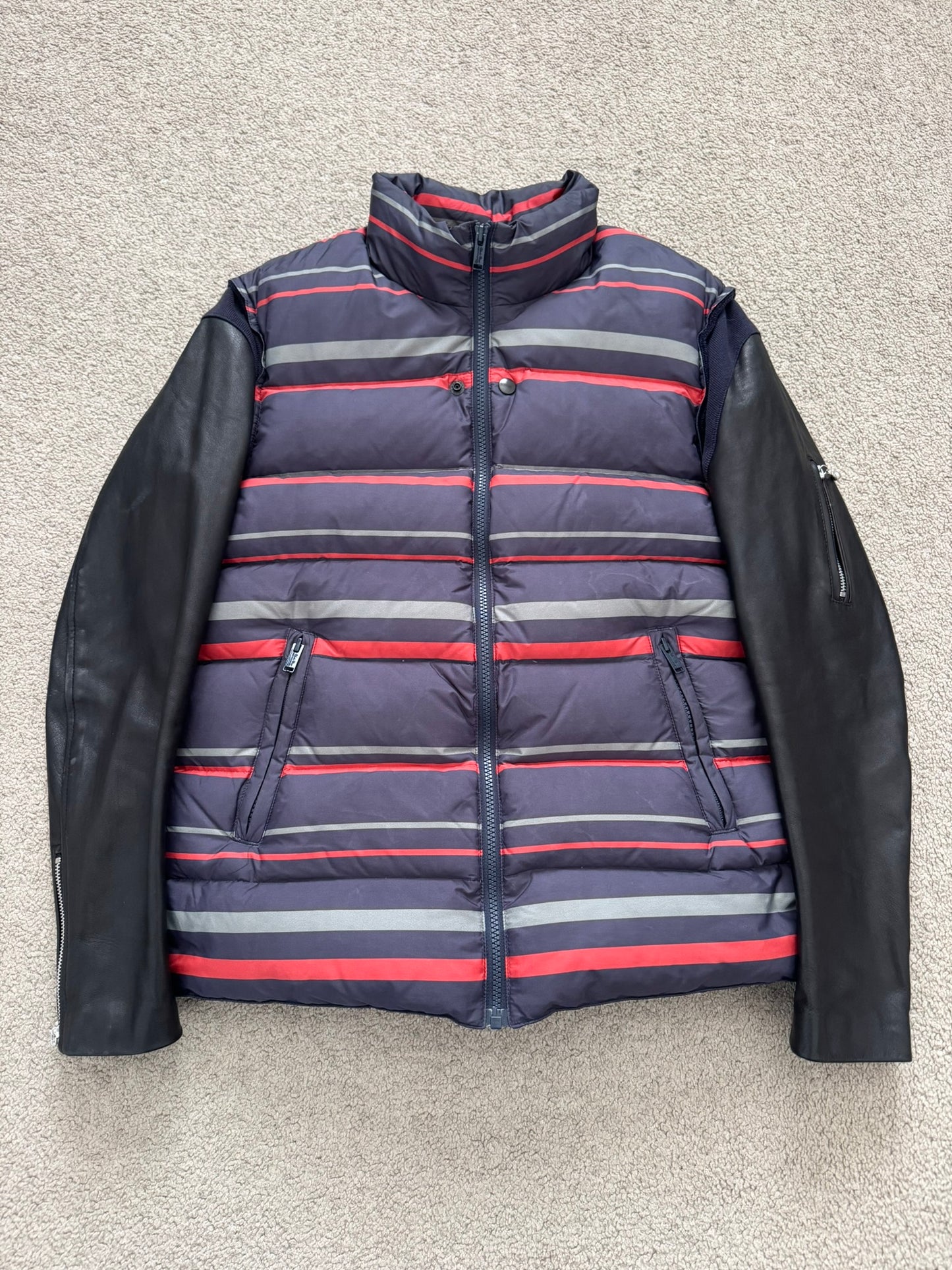 FW14 Undercover Hybrid Striped Leather Sleeve Puffer Jacket