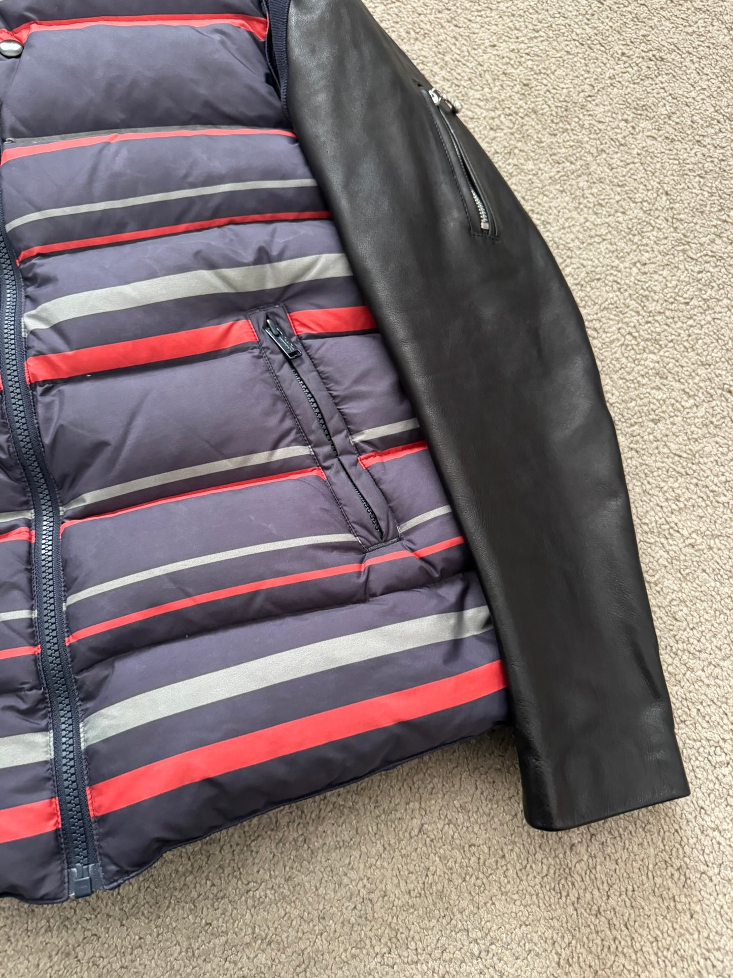 FW14 Undercover Hybrid Striped Leather Sleeve Puffer Jacket