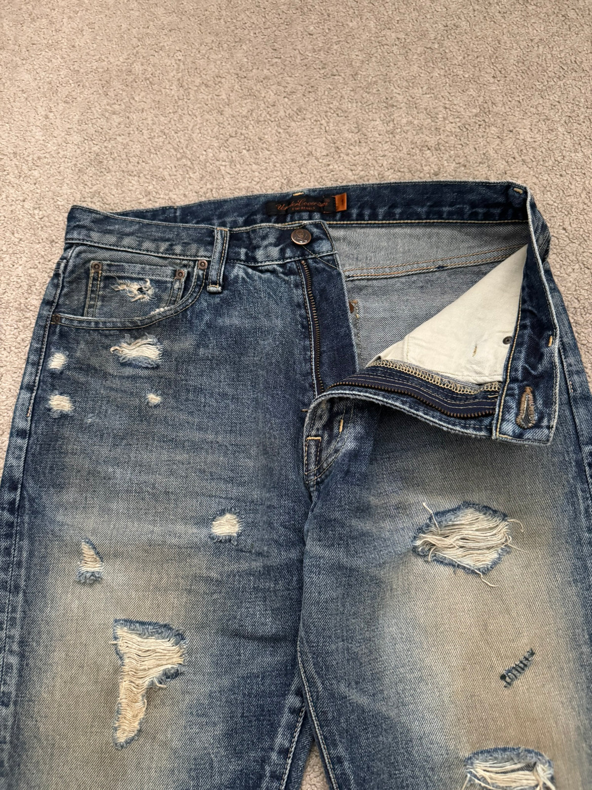 SS05 Undercover "But Beautiful" 60 Distressed Patch Denim Jeans