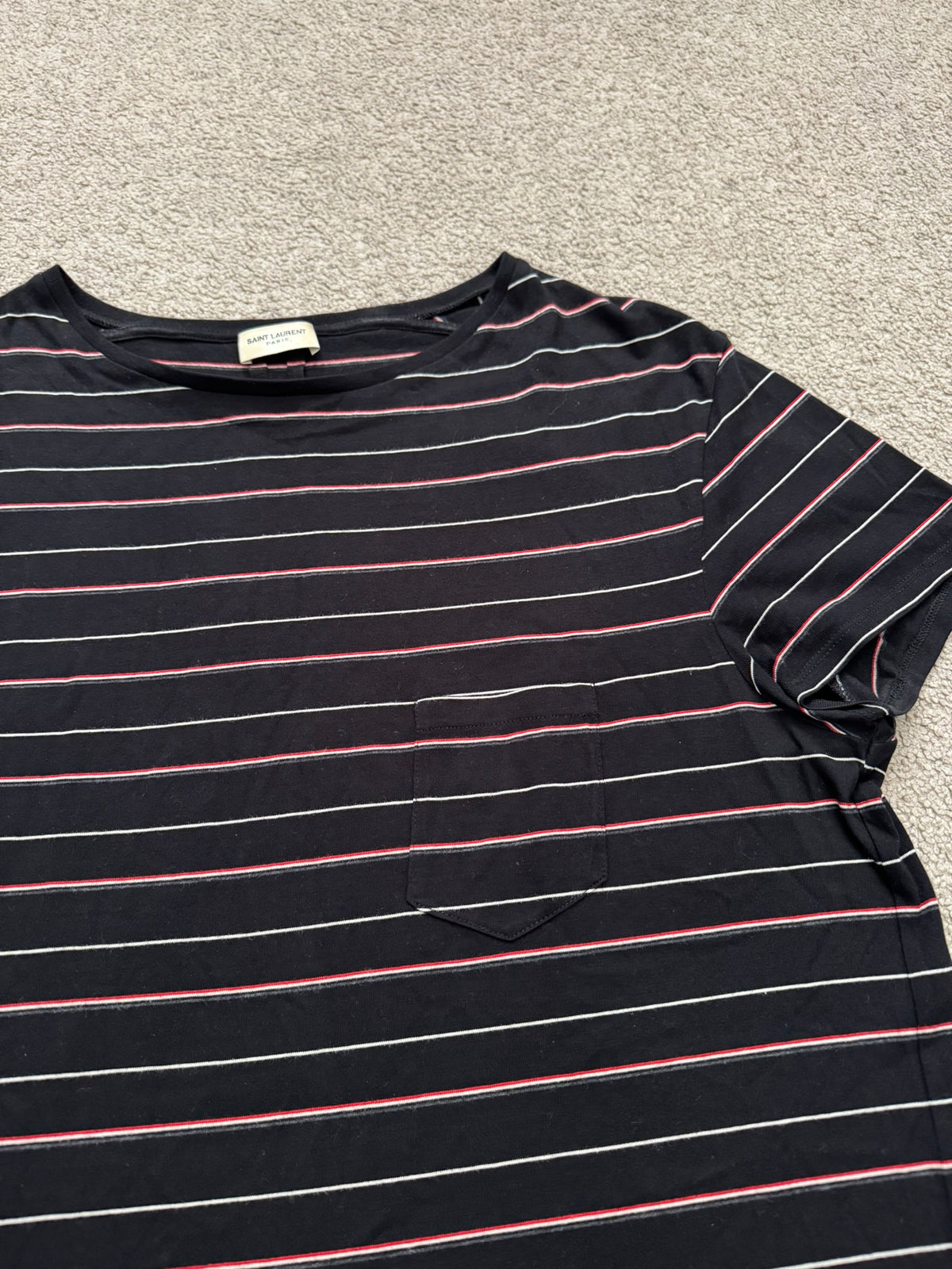 FW14 Saint Laurent by Hedi Slimane Thin Striped Pocket T Shirt
