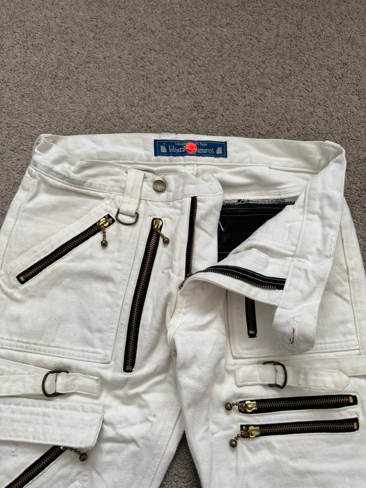 Blackmeans White Zipper Cargo Bondage Biker Denim Jeans