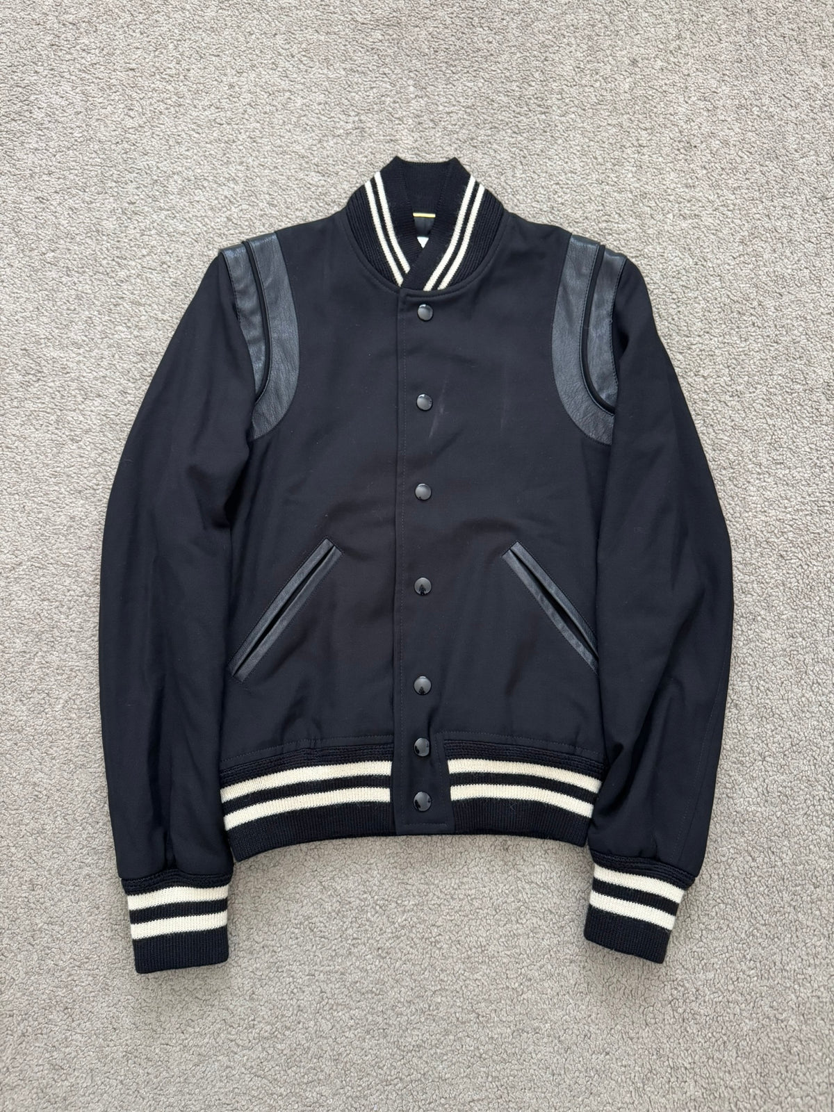 SS15 Saint Laurent by Hedi Slimane Black Teddy Varsity Jacket
