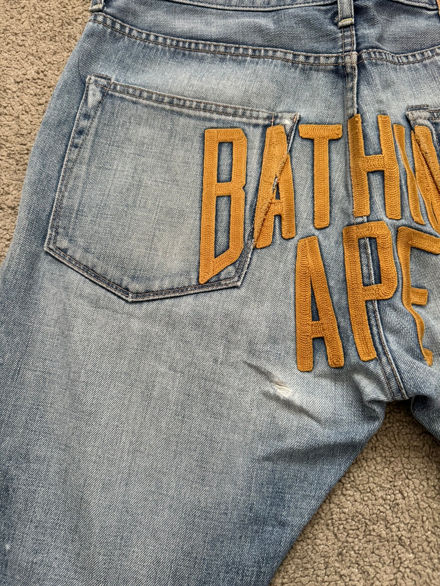 Vintage BAPE "Bathing Ape" Text Logo Patch Denim Jeans