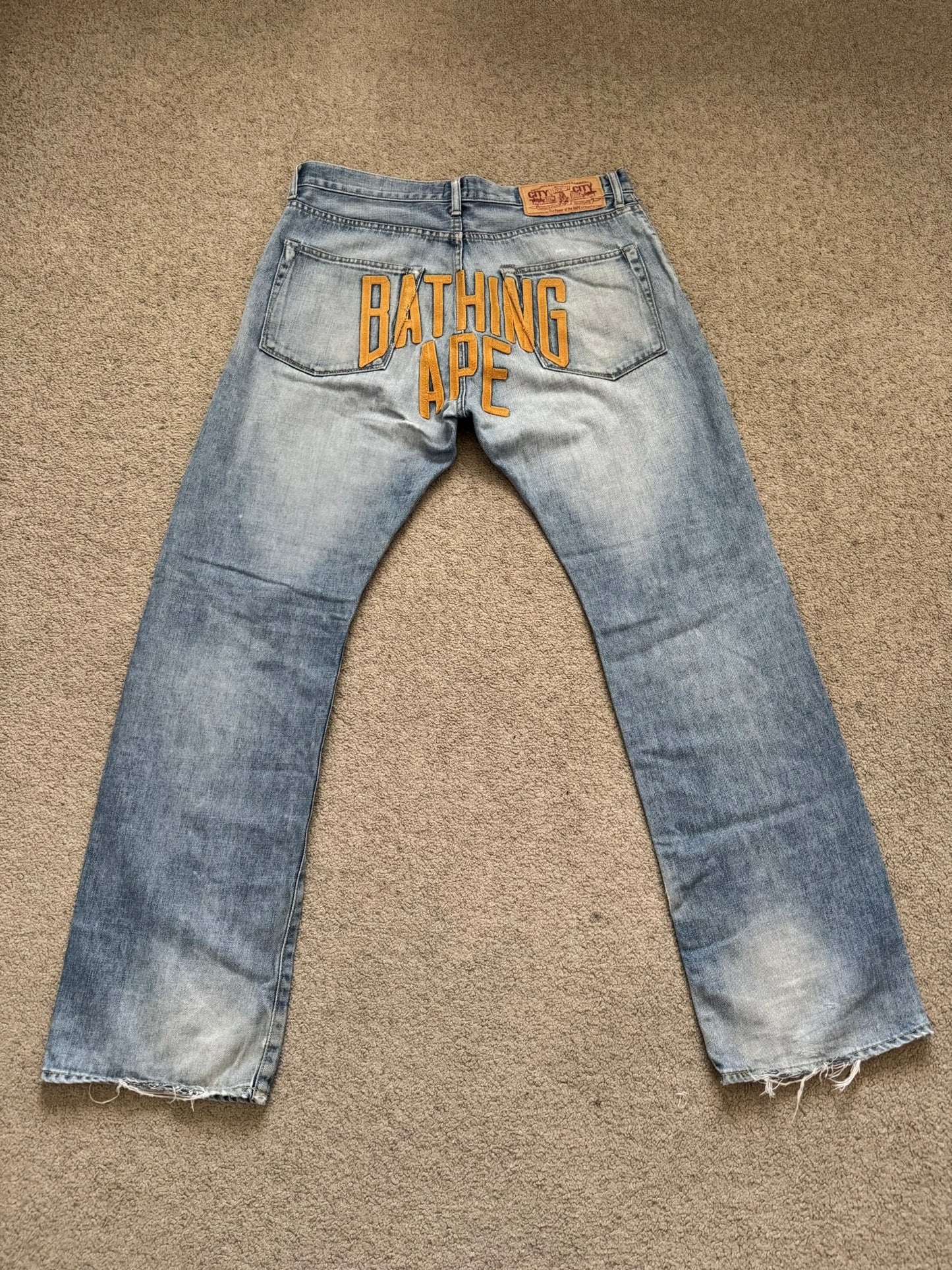 Vintage BAPE "Bathing Ape" Text Logo Patch Denim Jeans