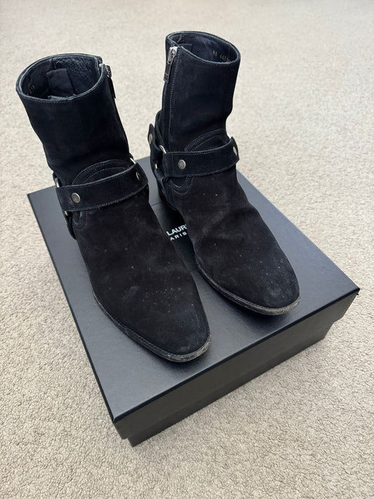 SS16 Saint Laurent by Hedi Slimane Suede Wyatt 40mm Harness Boots