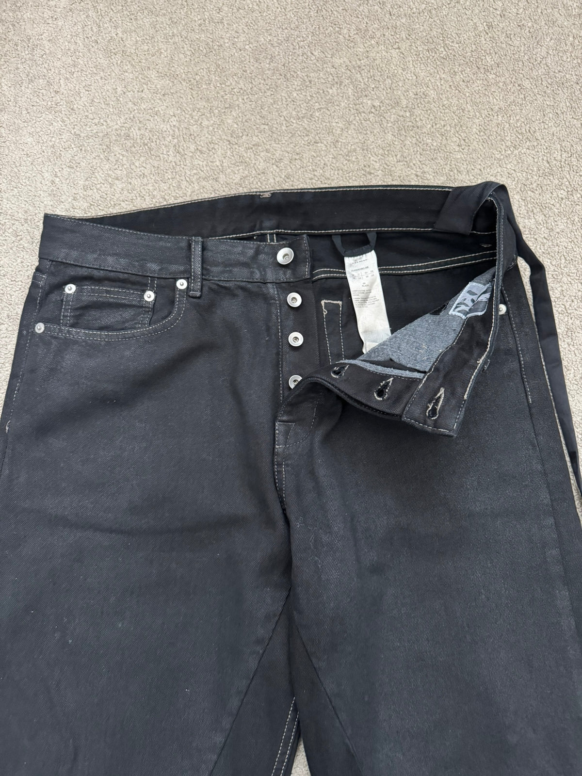 FW21 Rick Owens DRKSHDW Black Waxed Performa Cut Denim Jeans