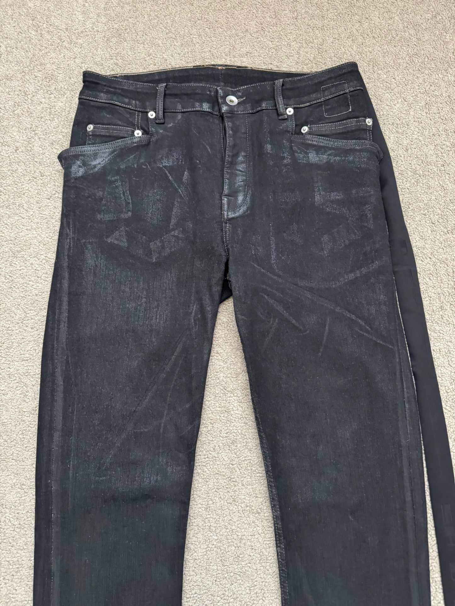 FW21 Rick Owens DRKSHDW Black Foil Waxed Tyrone Denim Jeans