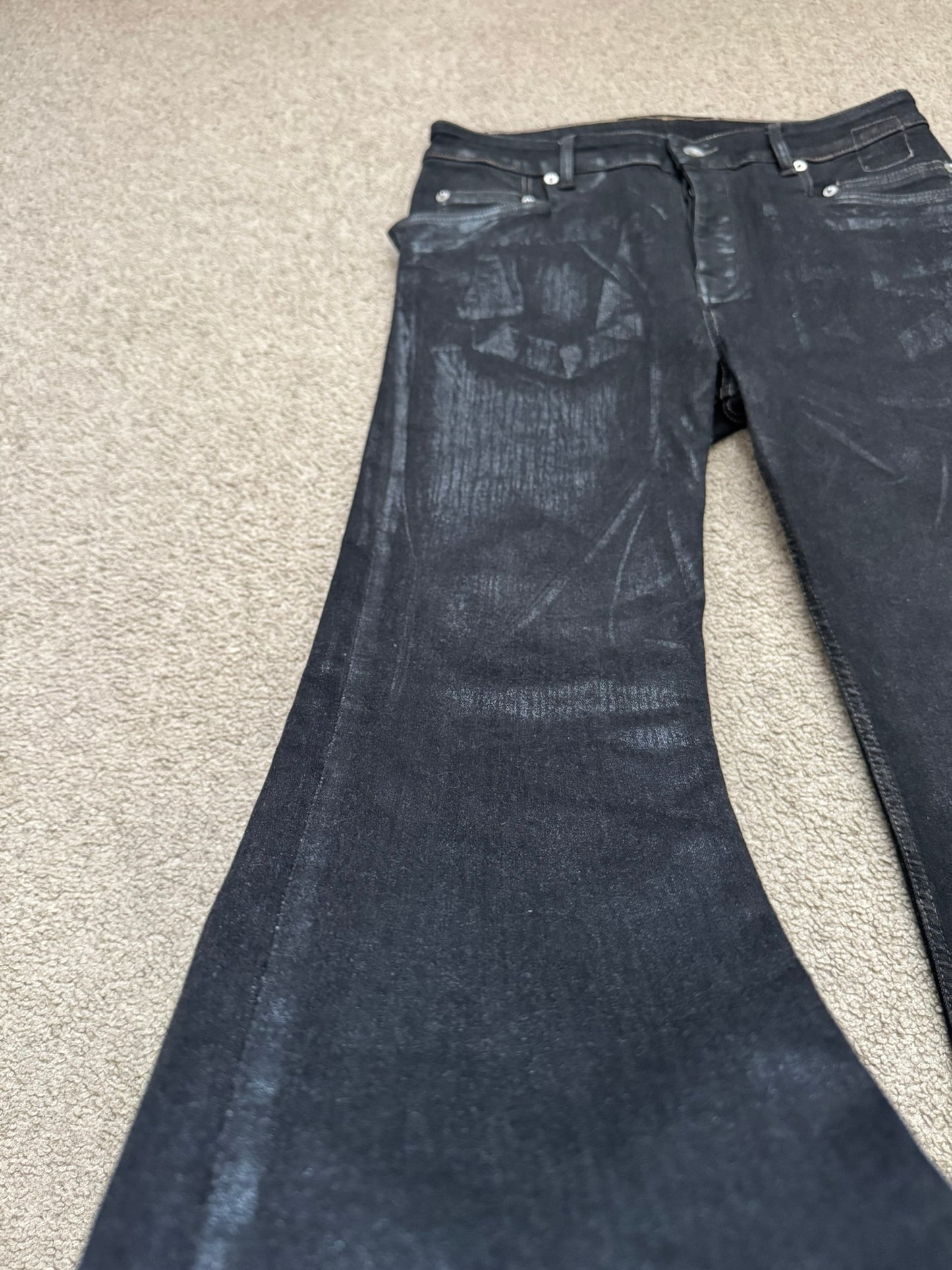 FW21 Rick Owens DRKSHDW Black Foil Waxed Tyrone Denim Jeans