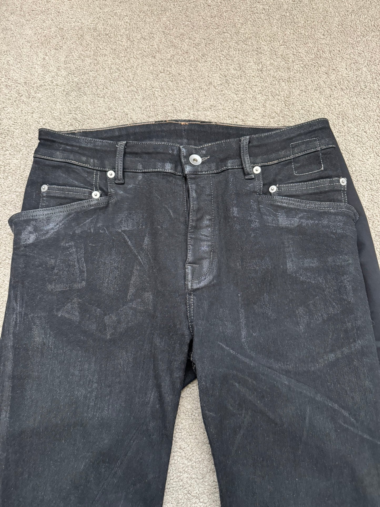 FW21 Rick Owens DRKSHDW Black Foil Waxed Tyrone Denim Jeans