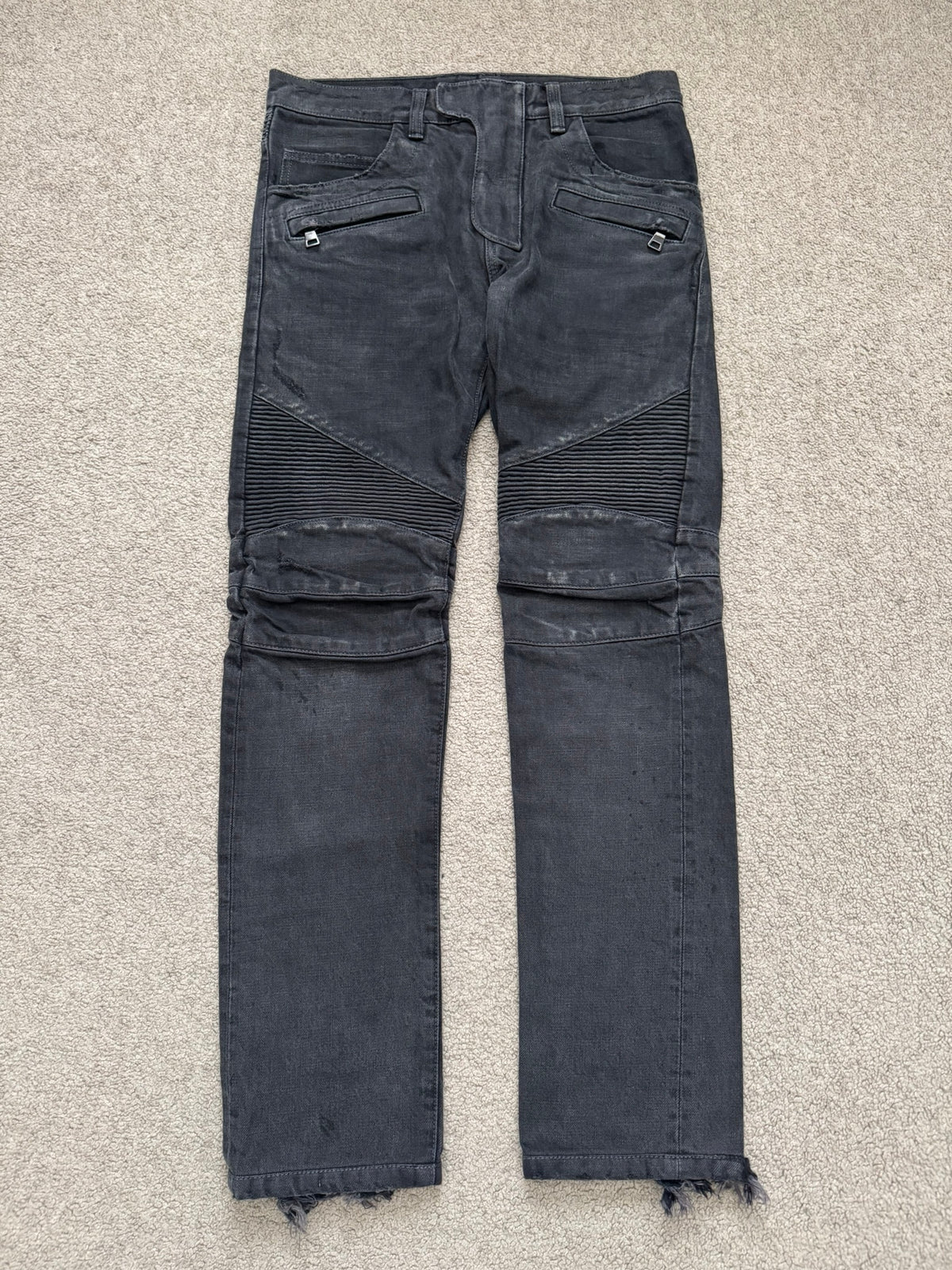 SS14 Balmain by Olivier Rousteing Black Washed Zip Biker Denim Jeans