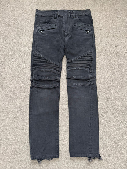 SS14 Balmain by Olivier Rousteing Black Washed Zip Biker Denim Jeans
