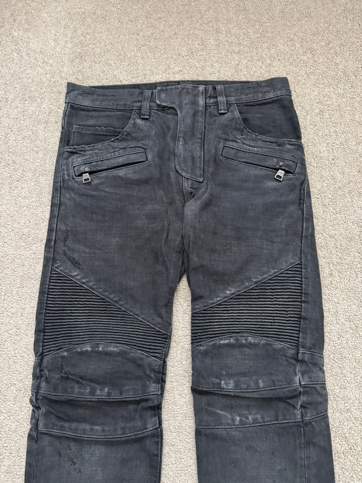 SS14 Balmain by Olivier Rousteing Black Washed Zip Biker Denim Jeans