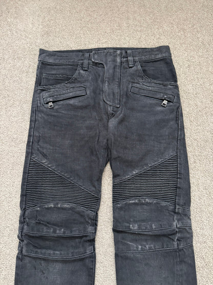 SS14 Balmain by Olivier Rousteing Black Washed Zip Biker Denim Jeans