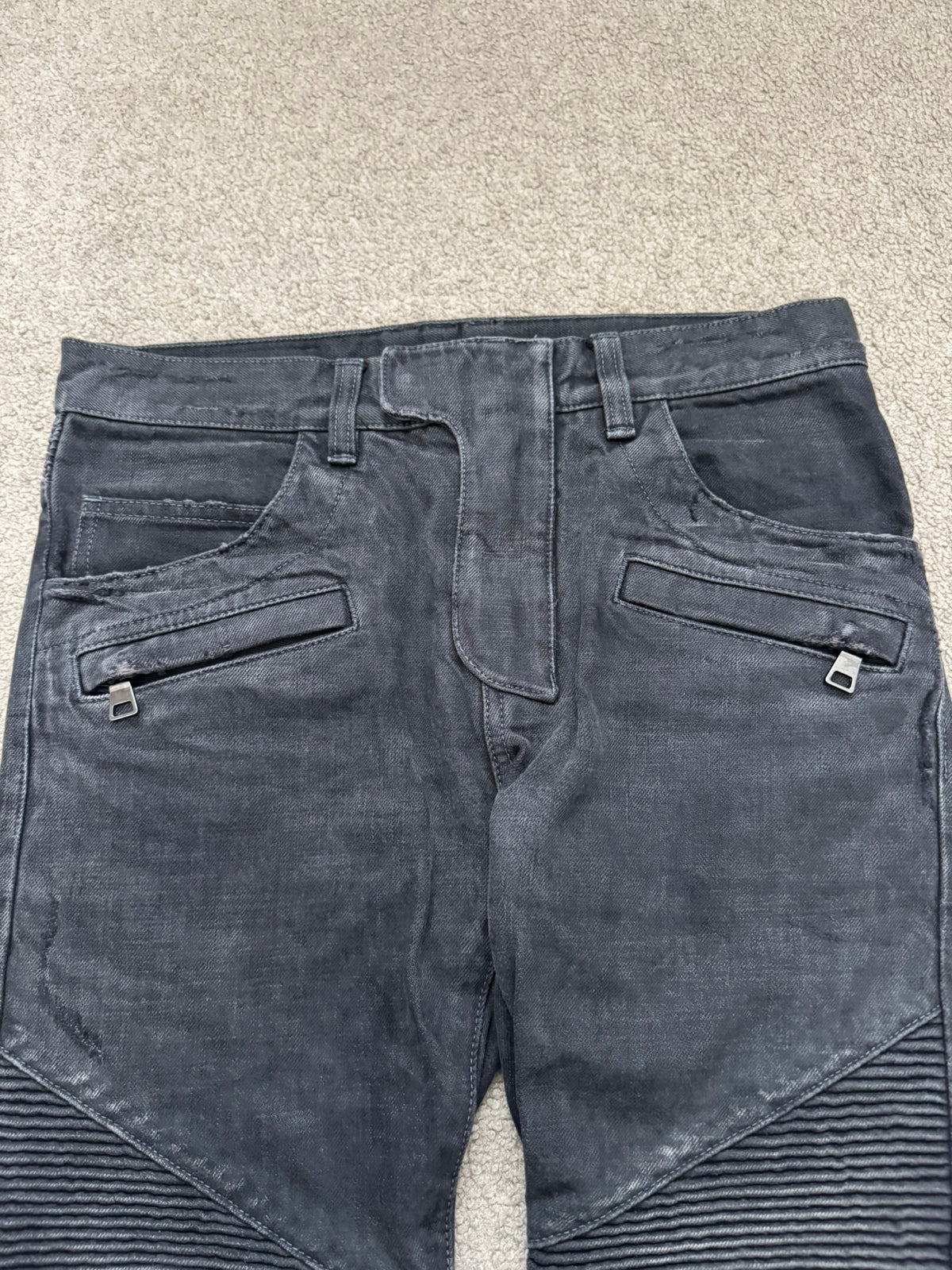 SS14 Balmain by Olivier Rousteing Black Washed Zip Biker Denim Jeans