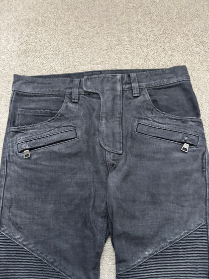 SS14 Balmain by Olivier Rousteing Black Washed Zip Biker Denim Jeans