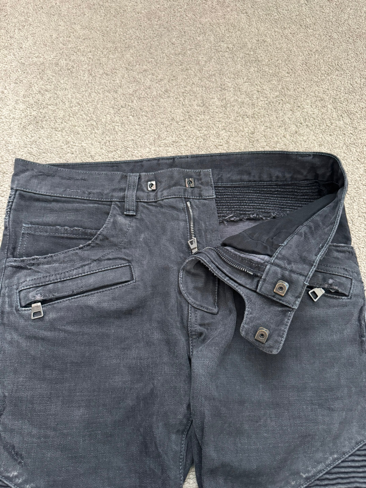 SS14 Balmain by Olivier Rousteing Black Washed Zip Biker Denim Jeans