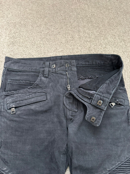 SS14 Balmain by Olivier Rousteing Black Washed Zip Biker Denim Jeans