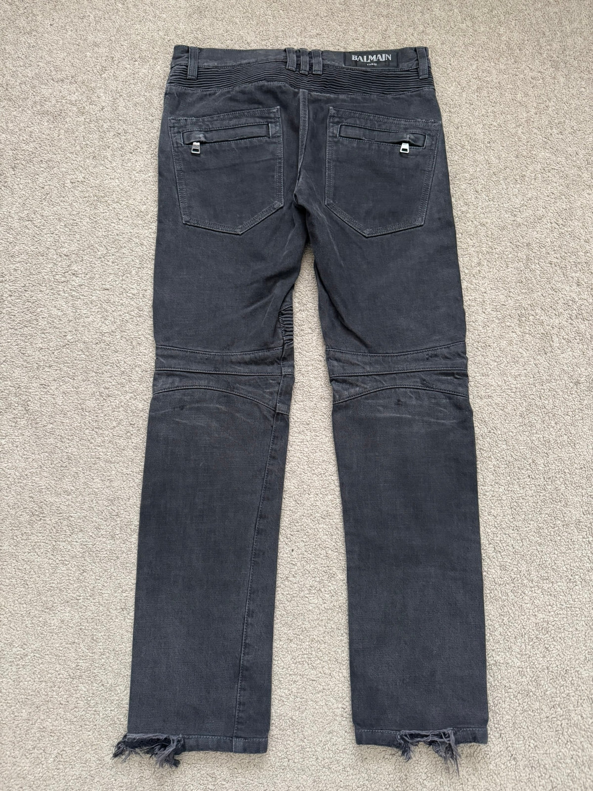 SS14 Balmain by Olivier Rousteing Black Washed Zip Biker Denim Jeans