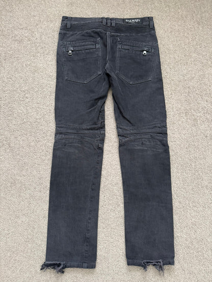 SS14 Balmain by Olivier Rousteing Black Washed Zip Biker Denim Jeans
