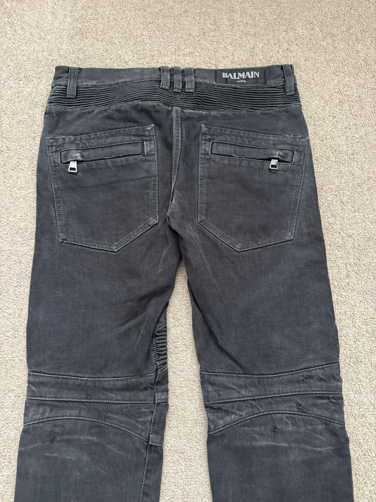 SS14 Balmain by Olivier Rousteing Black Washed Zip Biker Denim Jeans