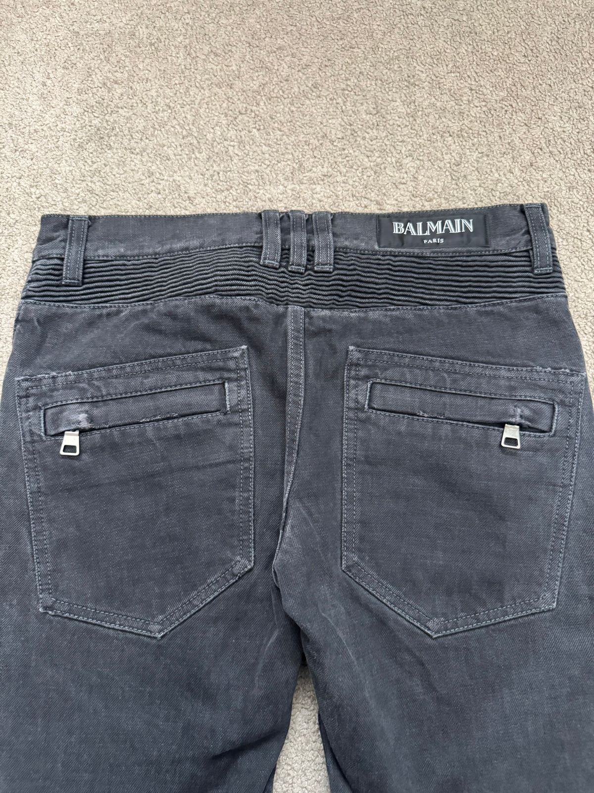 SS14 Balmain by Olivier Rousteing Black Washed Zip Biker Denim Jeans