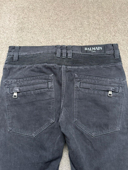 SS14 Balmain by Olivier Rousteing Black Washed Zip Biker Denim Jeans