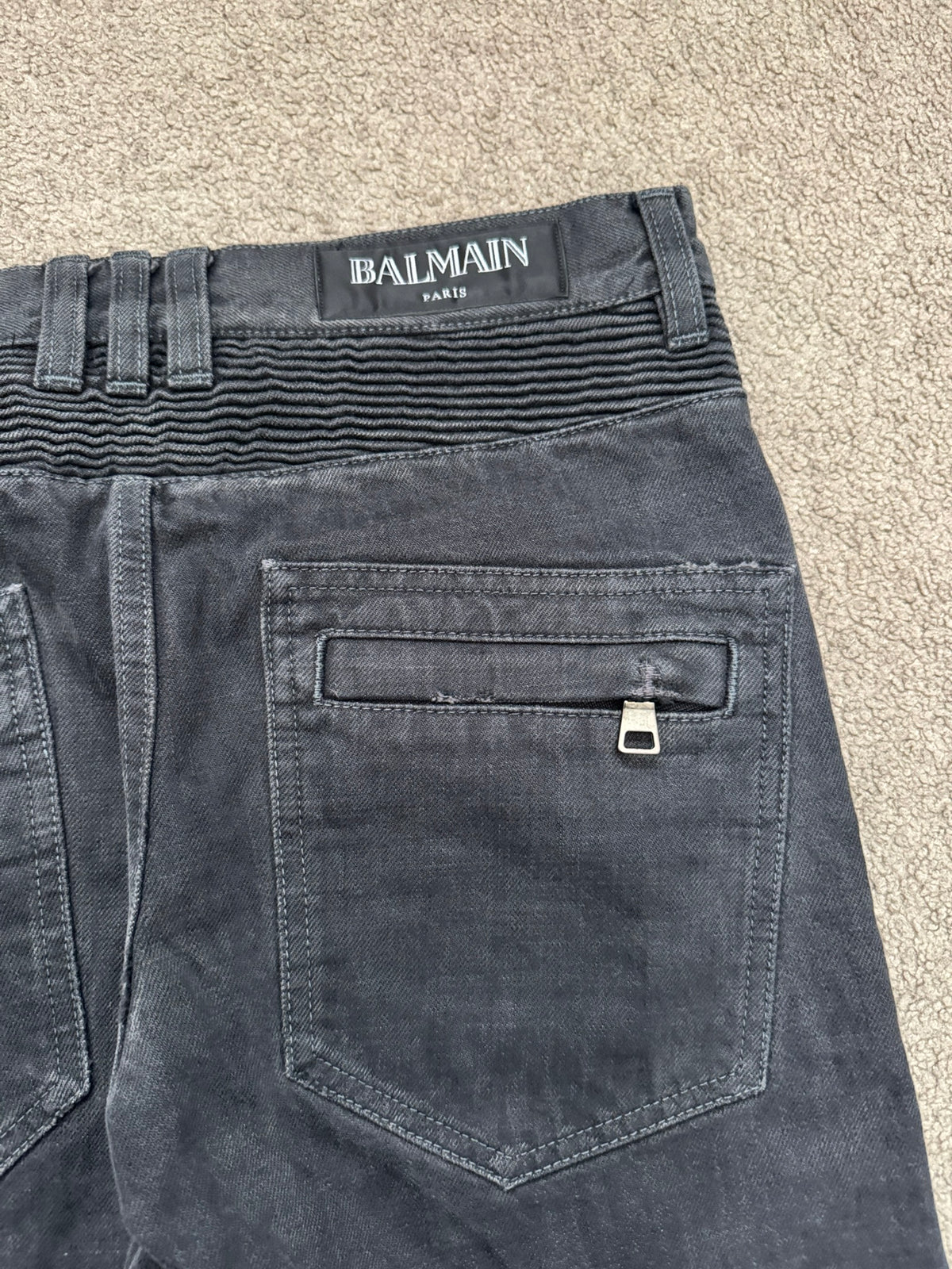 SS14 Balmain by Olivier Rousteing Black Washed Zip Biker Denim Jeans