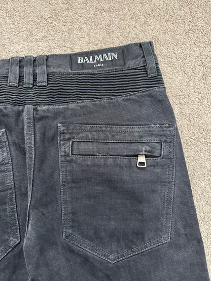 SS14 Balmain by Olivier Rousteing Black Washed Zip Biker Denim Jeans