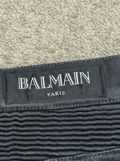 SS14 Balmain by Olivier Rousteing Black Washed Zip Biker Denim Jeans