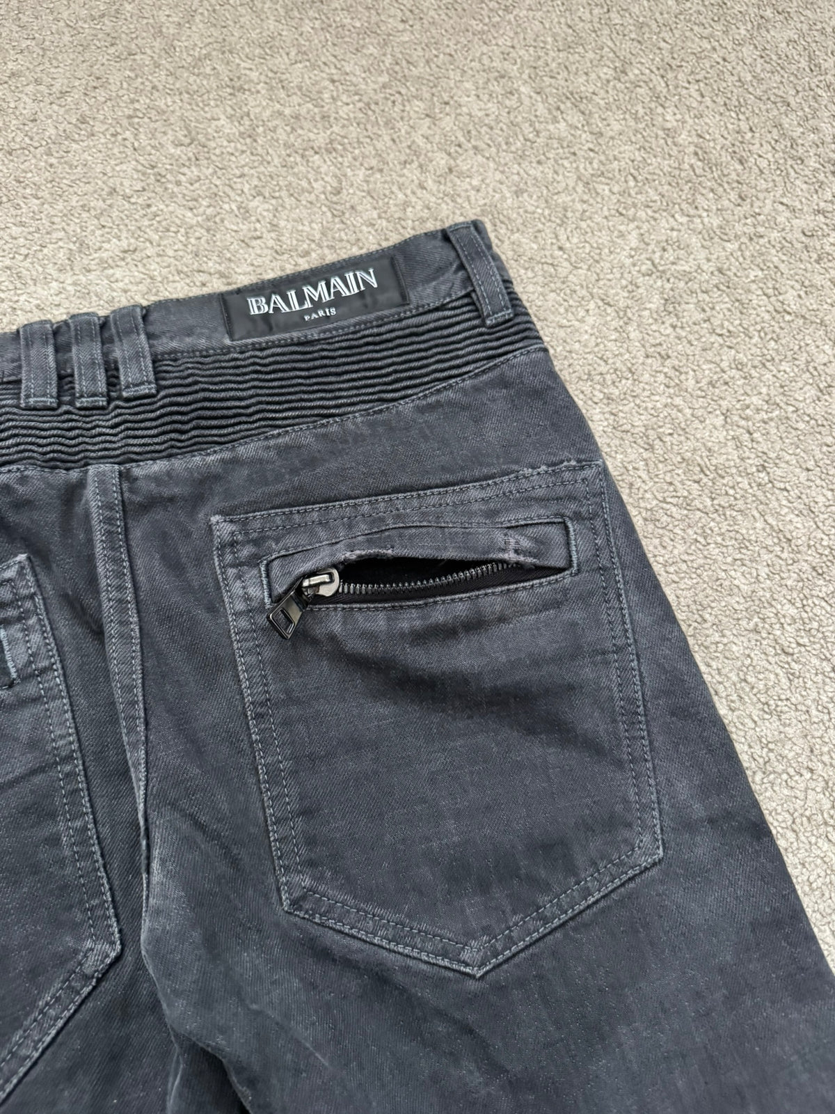 SS14 Balmain by Olivier Rousteing Black Washed Zip Biker Denim Jeans