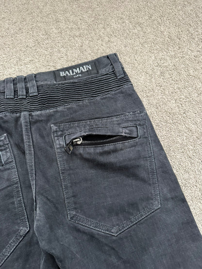 SS14 Balmain by Olivier Rousteing Black Washed Zip Biker Denim Jeans