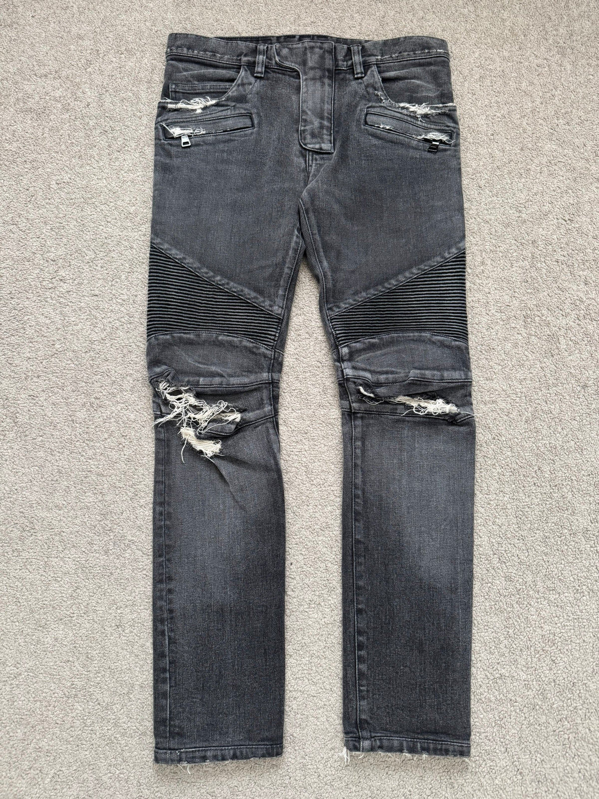 Balmain by Olivier Rousteing Distressed Zip Biker Denim Jeans