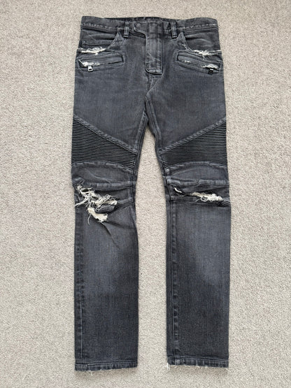 Balmain by Olivier Rousteing Distressed Zip Biker Denim Jeans