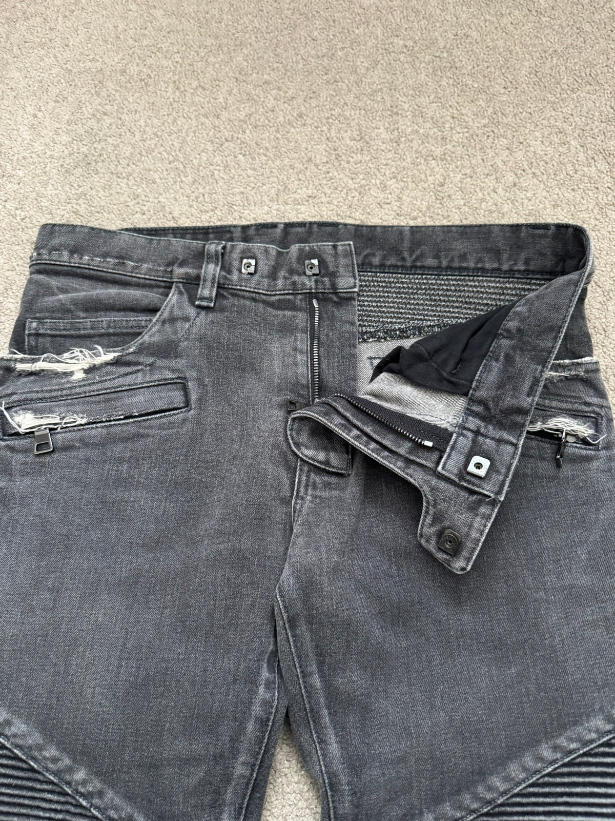 Balmain by Olivier Rousteing Distressed Zip Biker Denim Jeans