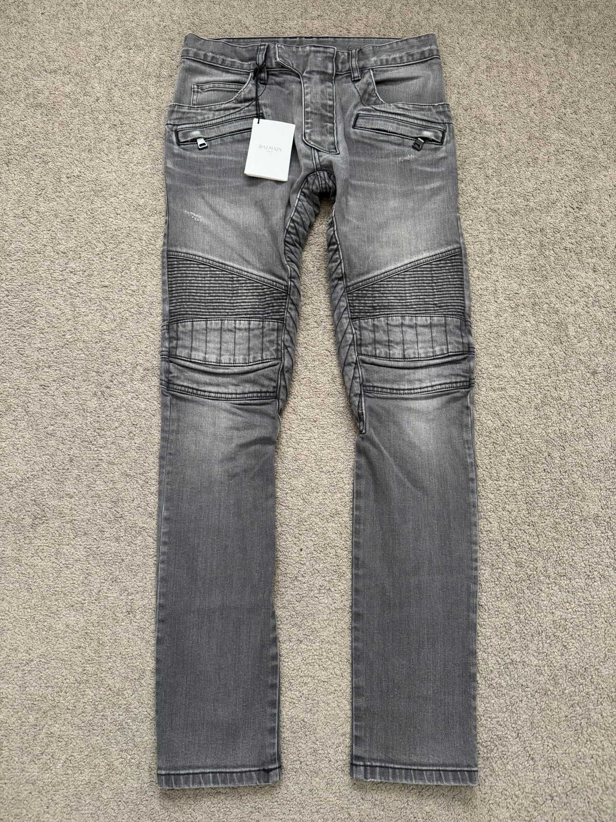FW15 Balmain by Olivier Rousteing Quilted Zip Biker Denim Jeans