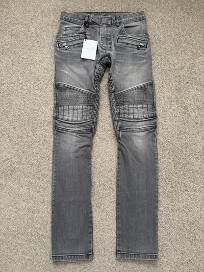 FW15 Balmain by Olivier Rousteing Quilted Zip Biker Denim Jeans