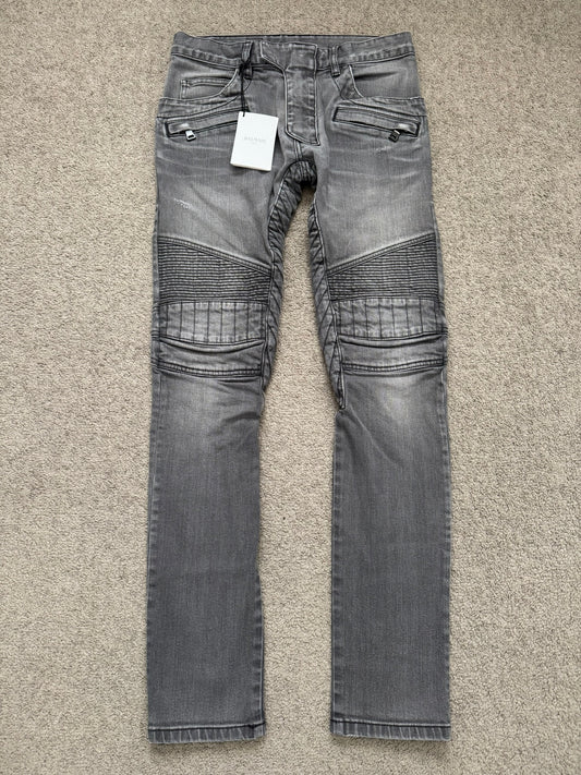 FW15 Balmain by Olivier Rousteing Quilted Zip Biker Denim Jeans