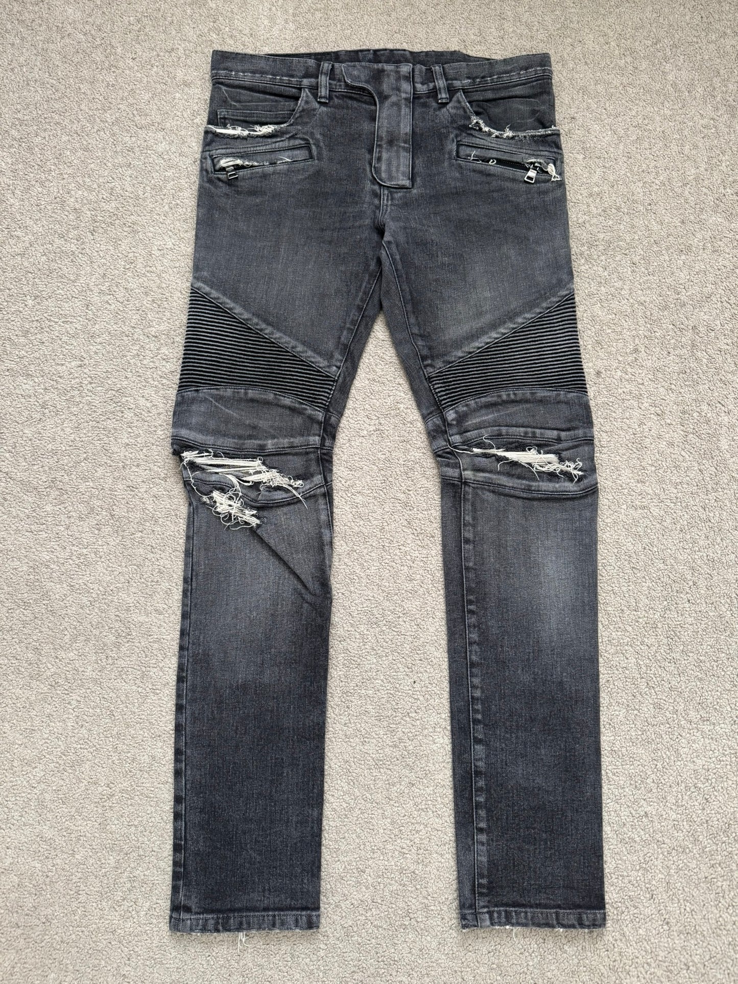 Balmain by Olivier Rousteing Distressed Zip Biker Denim Jeans