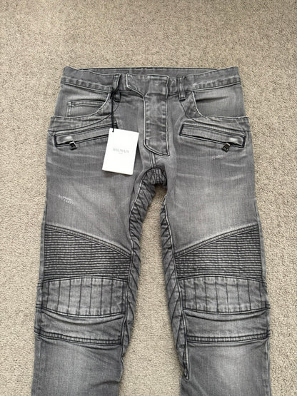 FW15 Balmain by Olivier Rousteing Quilted Zip Biker Denim Jeans
