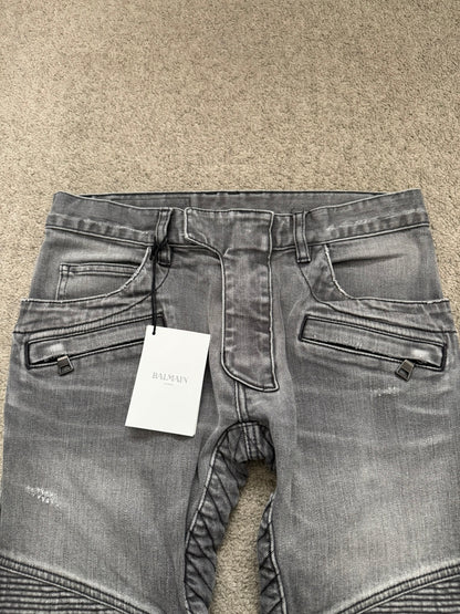 FW15 Balmain by Olivier Rousteing Quilted Zip Biker Denim Jeans