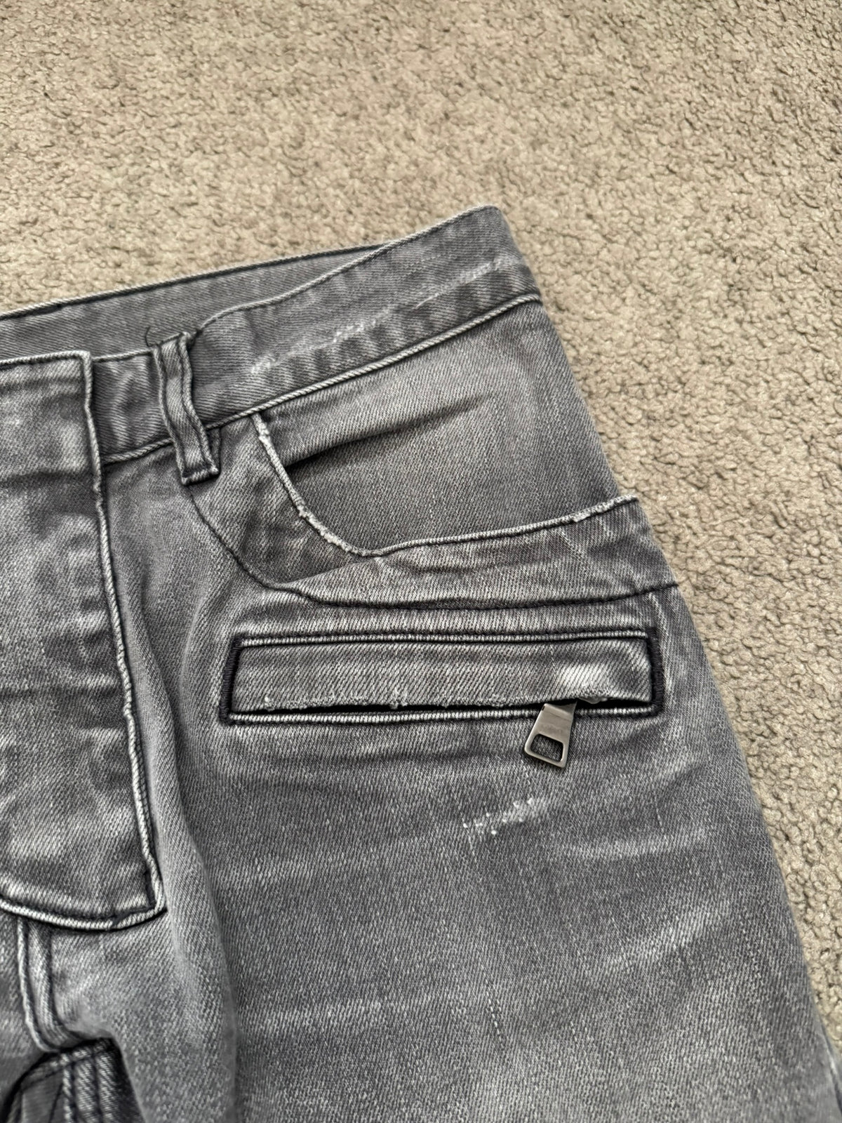 FW15 Balmain by Olivier Rousteing Quilted Zip Biker Denim Jeans