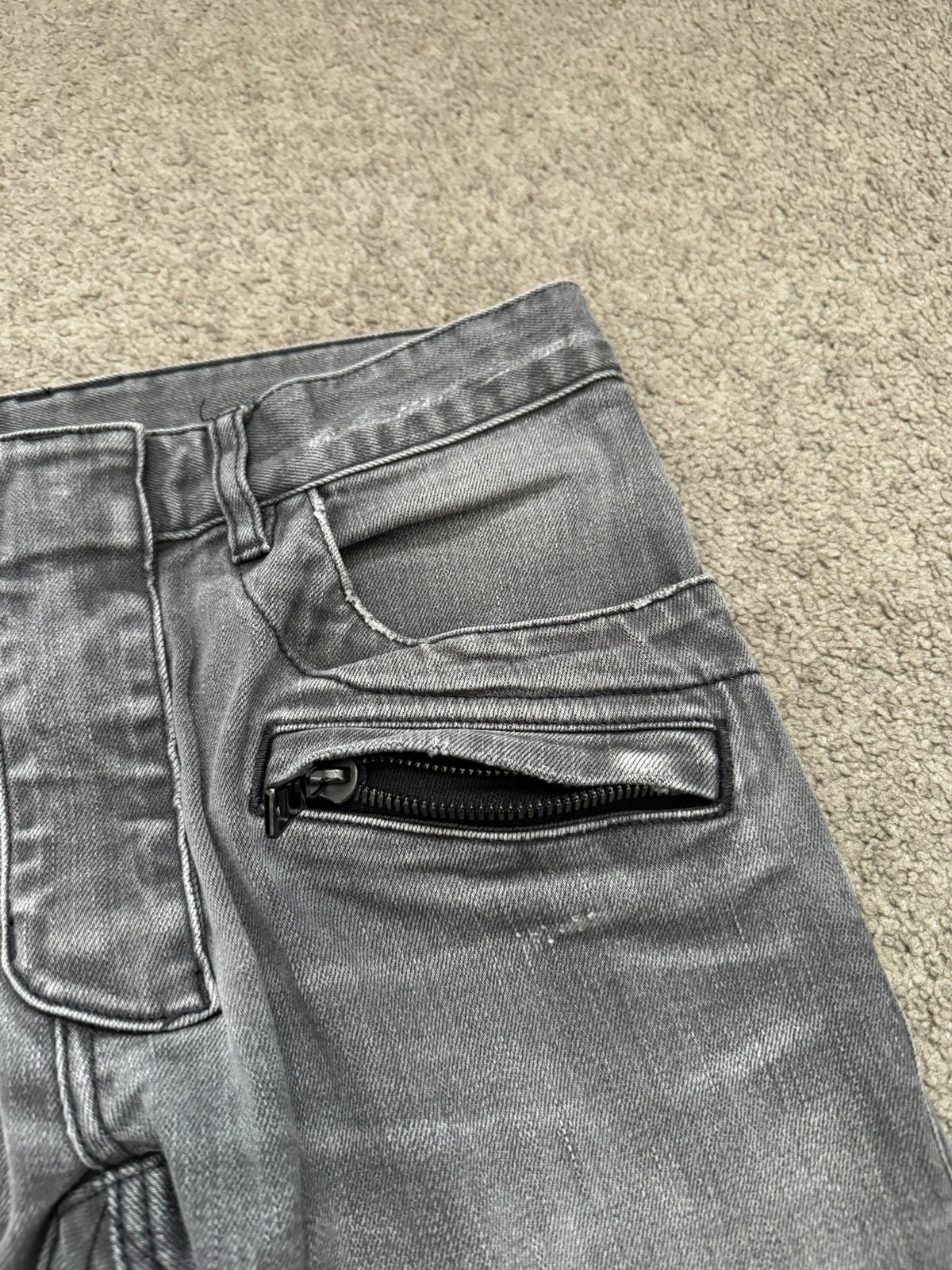 FW15 Balmain by Olivier Rousteing Quilted Zip Biker Denim Jeans