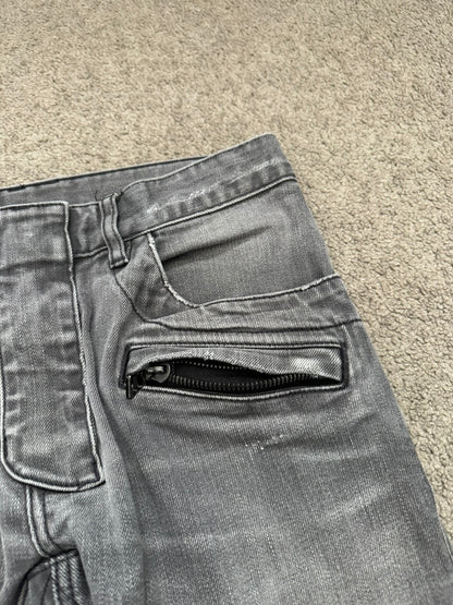 FW15 Balmain by Olivier Rousteing Quilted Zip Biker Denim Jeans