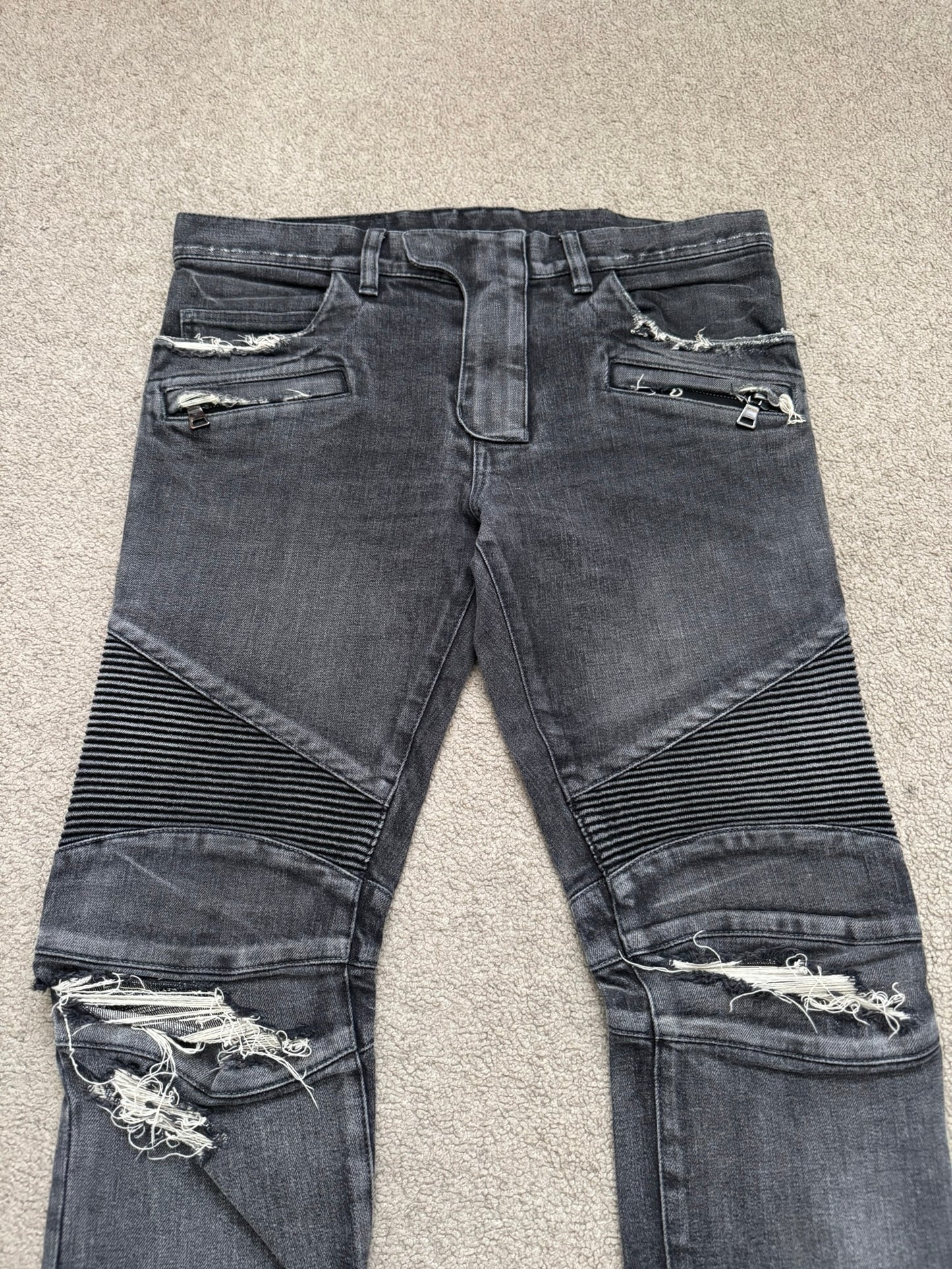 Balmain by Olivier Rousteing Distressed Zip Biker Denim Jeans