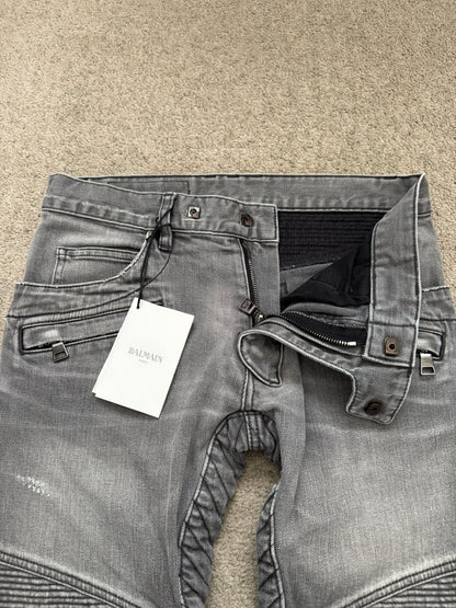 FW15 Balmain by Olivier Rousteing Quilted Zip Biker Denim Jeans