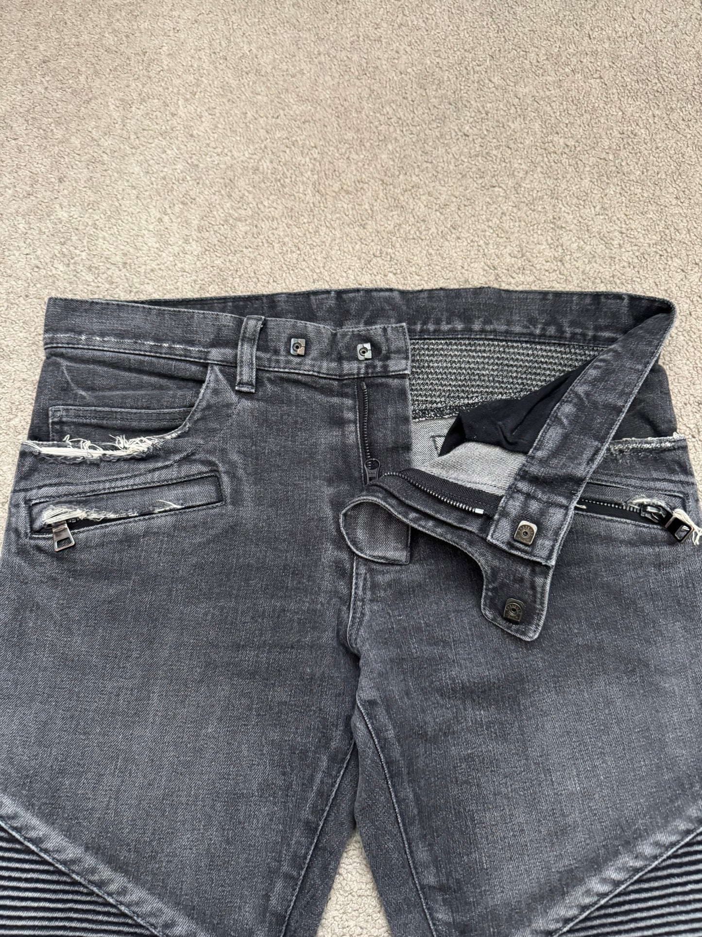 Balmain by Olivier Rousteing Distressed Zip Biker Denim Jeans