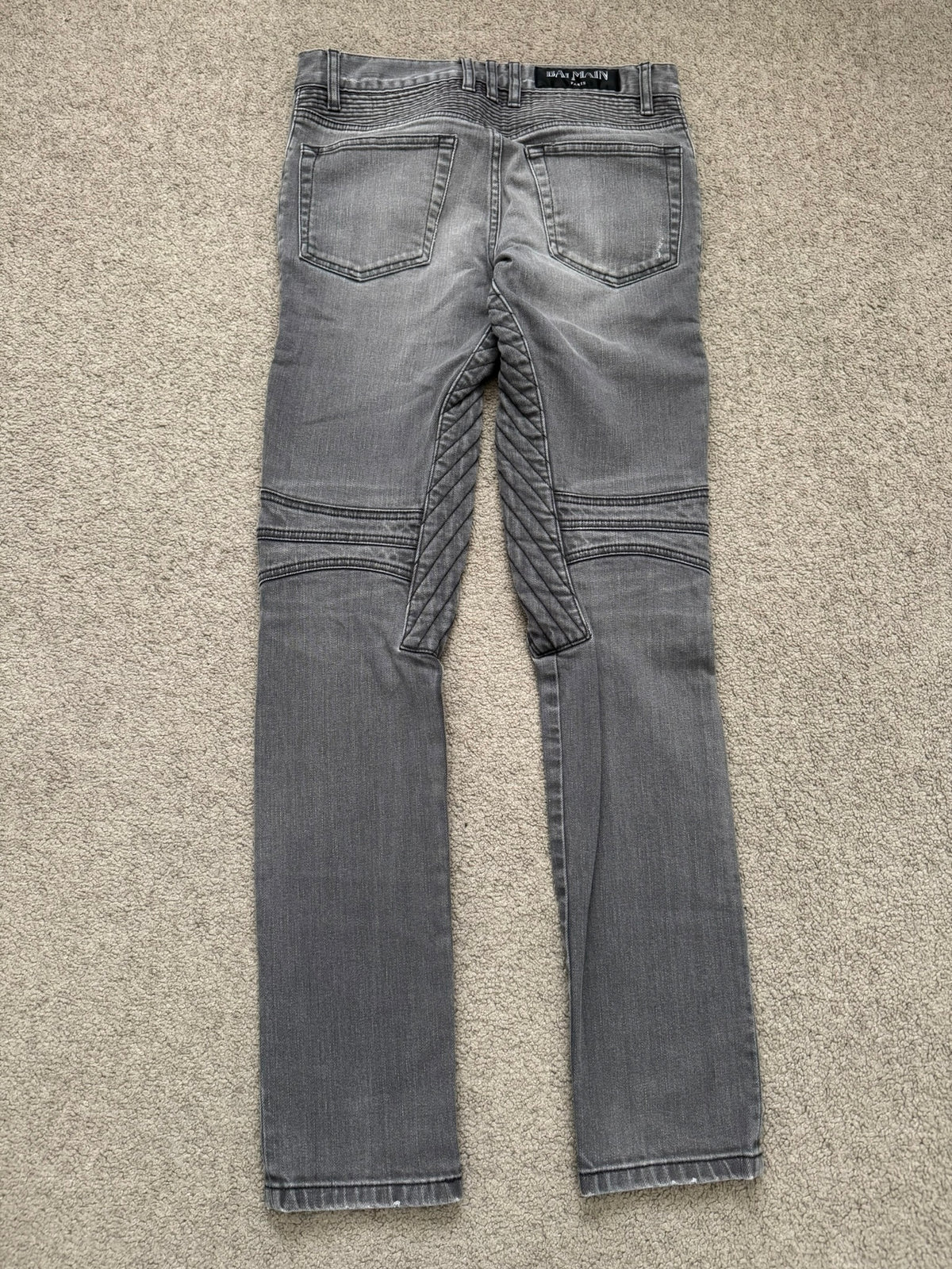FW15 Balmain by Olivier Rousteing Quilted Zip Biker Denim Jeans