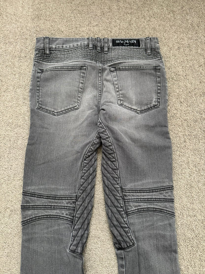 FW15 Balmain by Olivier Rousteing Quilted Zip Biker Denim Jeans