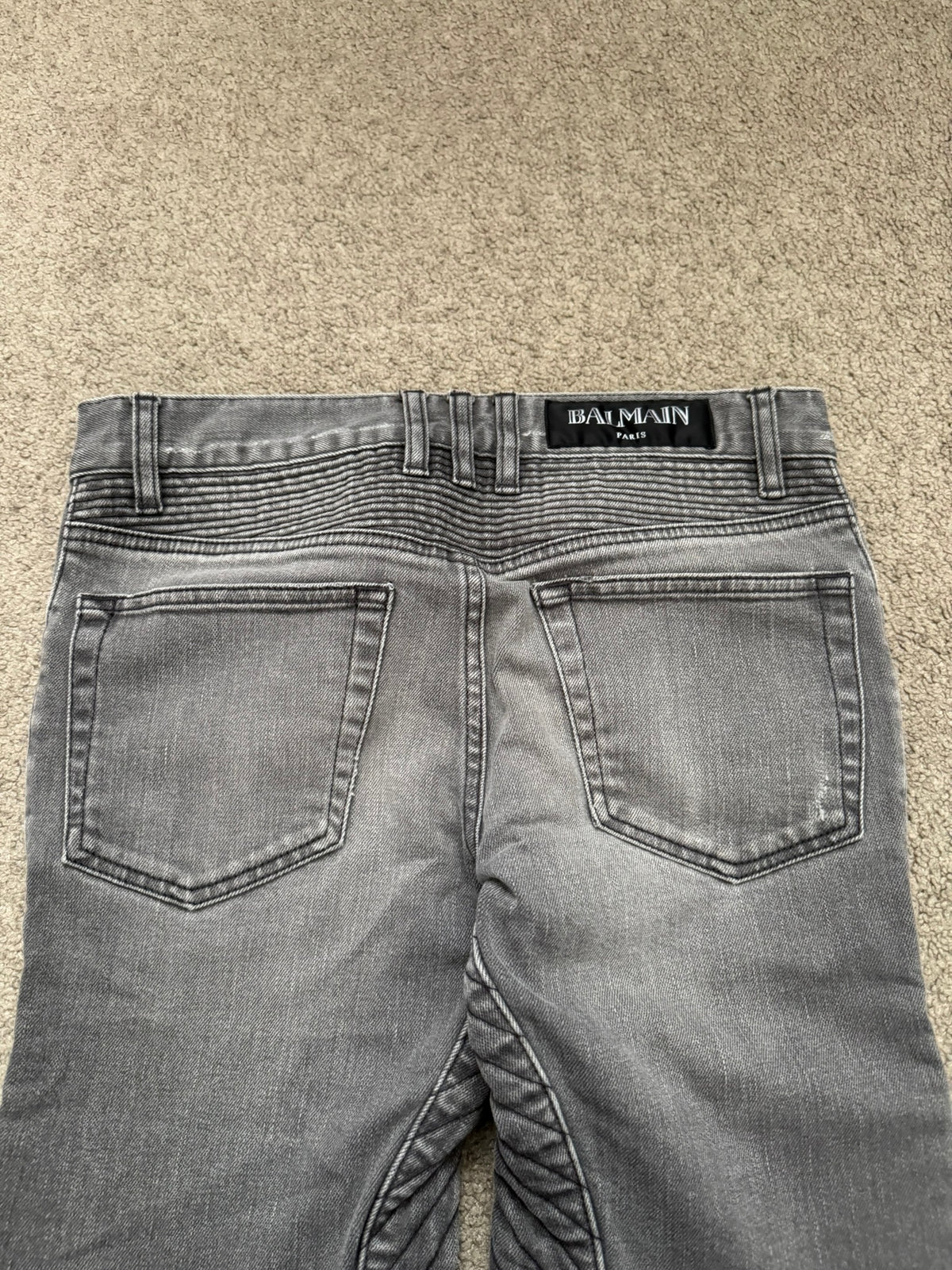 FW15 Balmain by Olivier Rousteing Quilted Zip Biker Denim Jeans