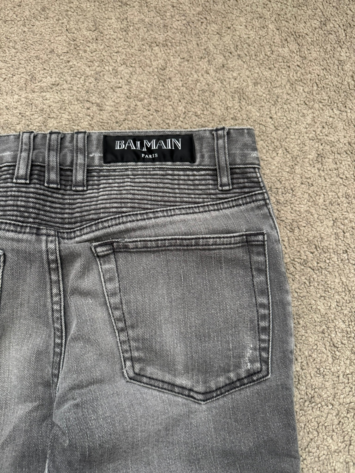 FW15 Balmain by Olivier Rousteing Quilted Zip Biker Denim Jeans
